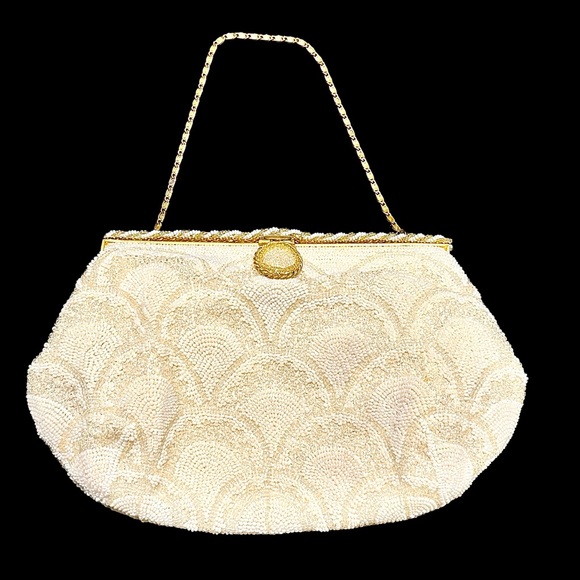 Vintage white beaded evening bag with chain - Picture 2 of 13